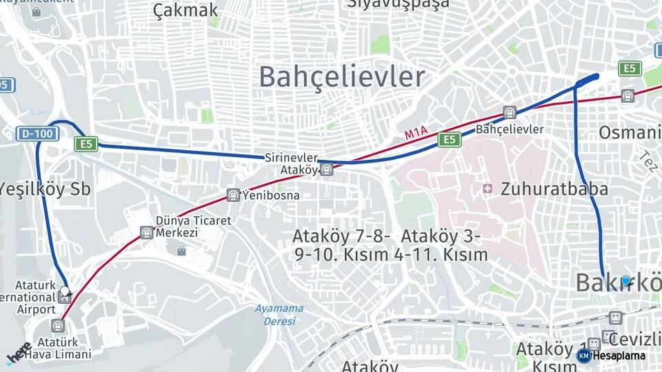 İstanbul Bakırköy Atatürk Havalimanı Arası Kaç Km - Yol Haritası