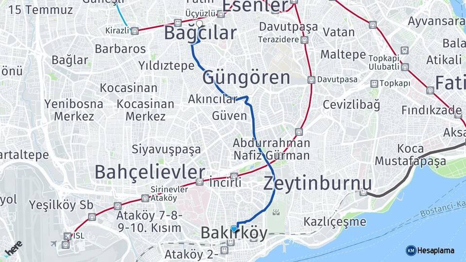İstanbul Bakırköy Bağcılar Arası Kaç Km - Yol Haritası