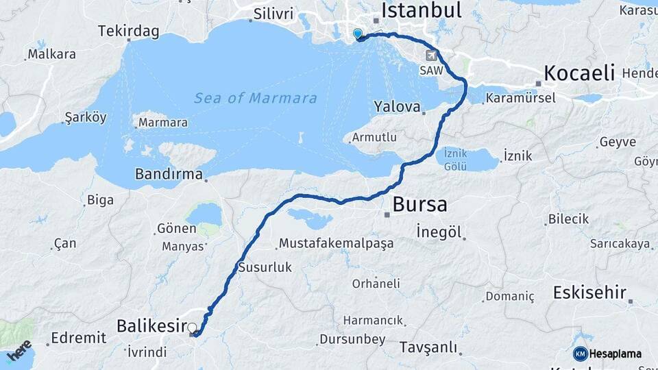 İstanbul Bakırköy Balıkesir Arası Kaç Km - Yol Haritası