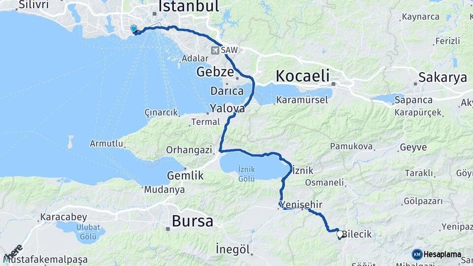 İstanbul Bakırköy Bilecik Arası Kaç Km - Yol Haritası