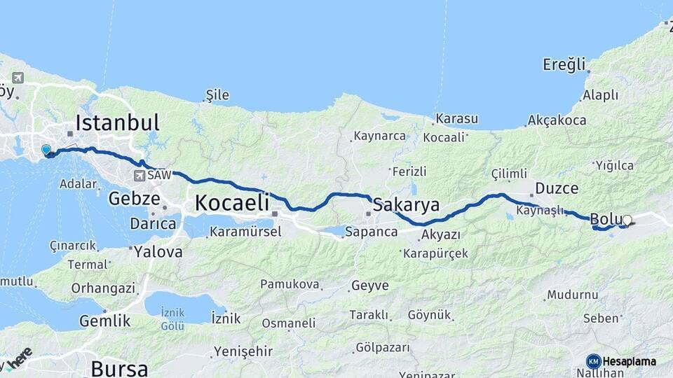 İstanbul Bakırköy Bolu Arası Kaç Km - Yol Haritası