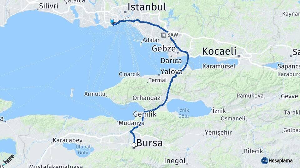 İstanbul Bakırköy Bursa Arası Kaç Km - Yol Haritası