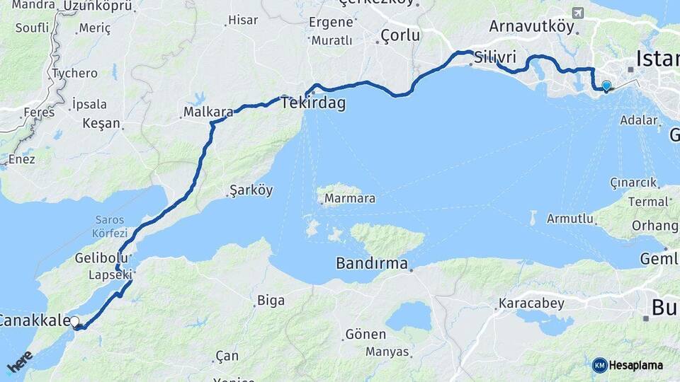 İstanbul Bakırköy Çanakkale Arası Kaç Km - Yol Haritası