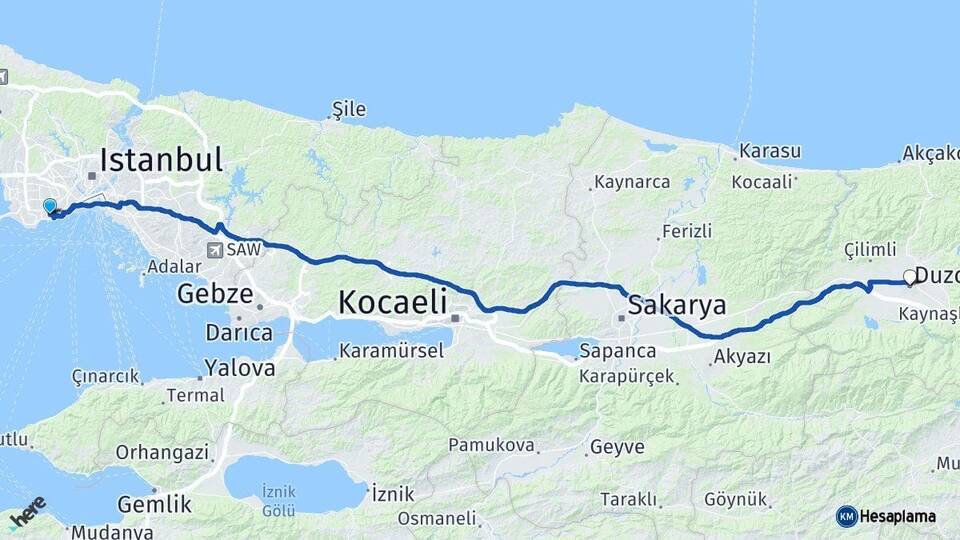 İstanbul Bakırköy Düzce Arası Kaç Km - Yol Haritası