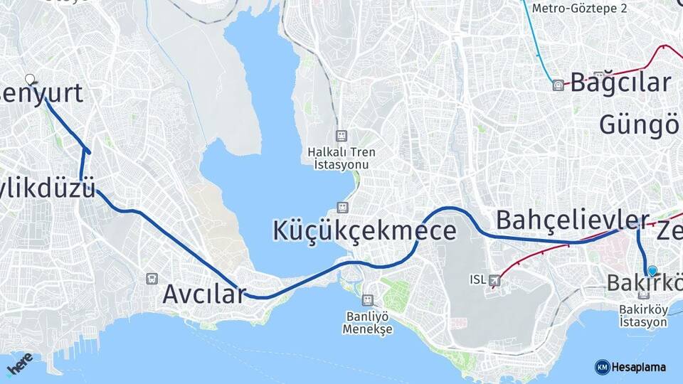 İstanbul Bakırköy Esenyurt Arası Kaç Km - Yol Haritası