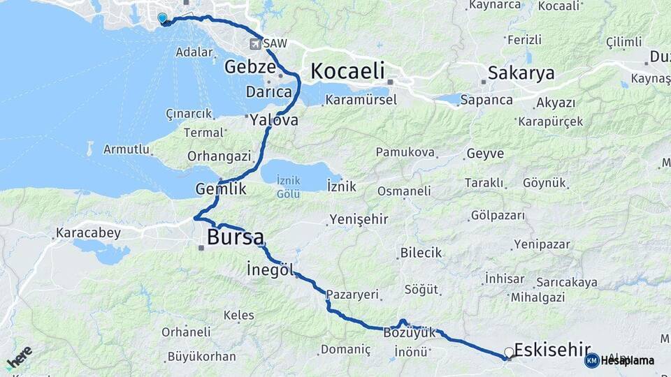 İstanbul Bakırköy Eskişehir Arası Kaç Km - Yol Haritası
