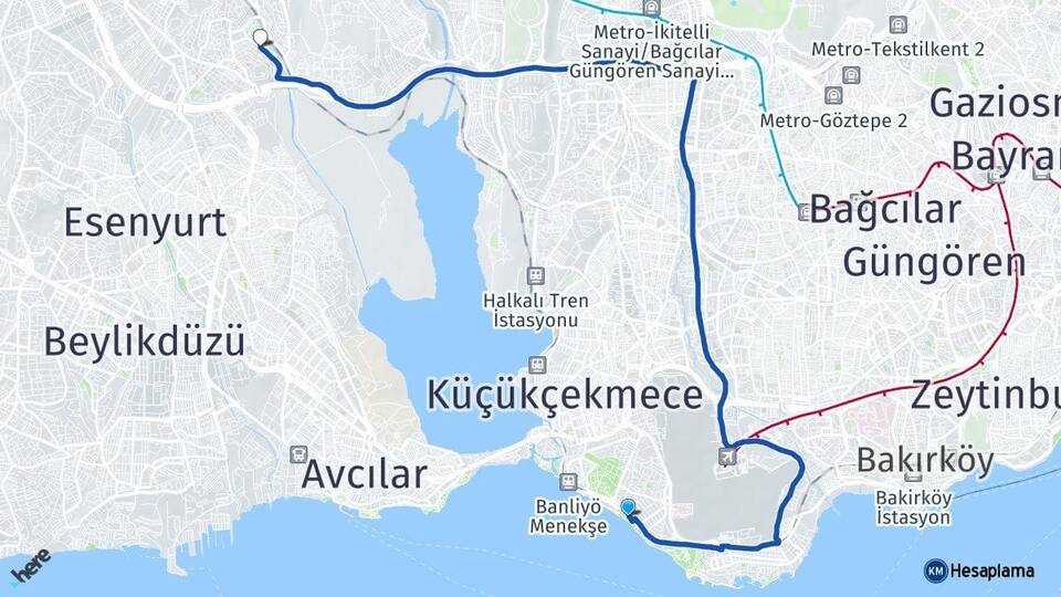 İstanbul Bakırköy Florya Bahçeşehir 1. Kısım Başakşehir Arası Kaç Km - Yol Haritası