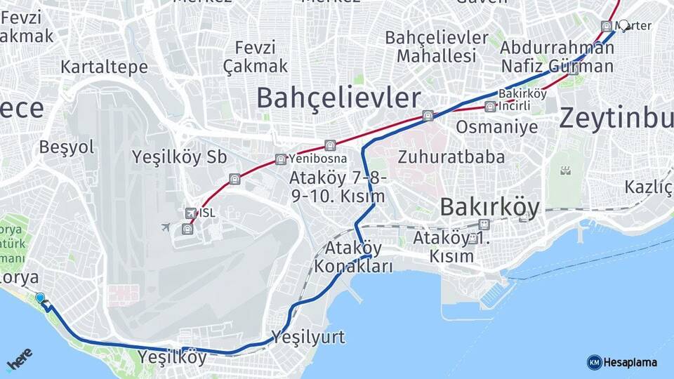 İstanbul Bakırköy Florya Seyitnizam Zeytinburnu Arası Kaç Km - Yol Haritası