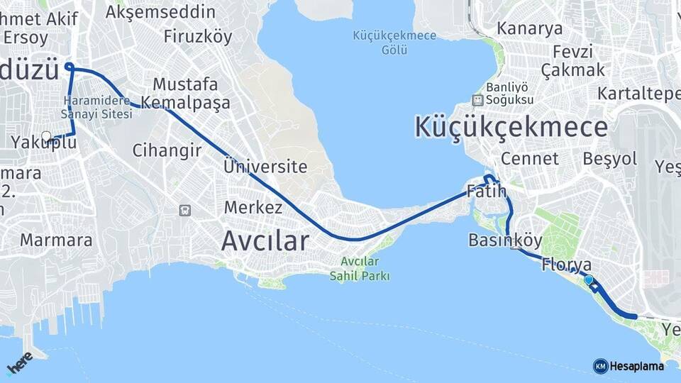 İstanbul Bakırköy Florya Yakuplu Beylikdüzü Arası Kaç Km - Yol Haritası