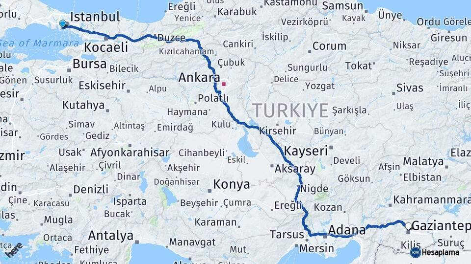 İstanbul Bakırköy Gaziantep Arası Kaç Km - Yol Haritası