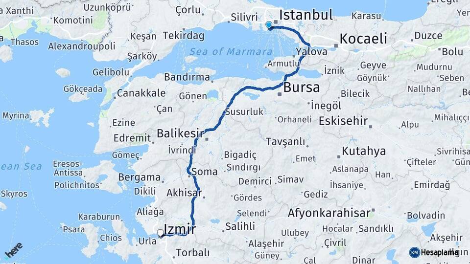 İstanbul Bakırköy İzmir Arası Kaç Km - Yol Haritası