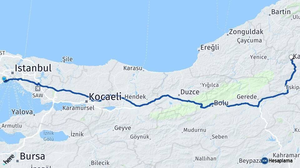 İstanbul Bakırköy Karabük Arası Kaç Km - Yol Haritası