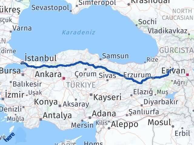 İstanbul Bakırköy Kars Arası Kaç Km - Yol Haritası