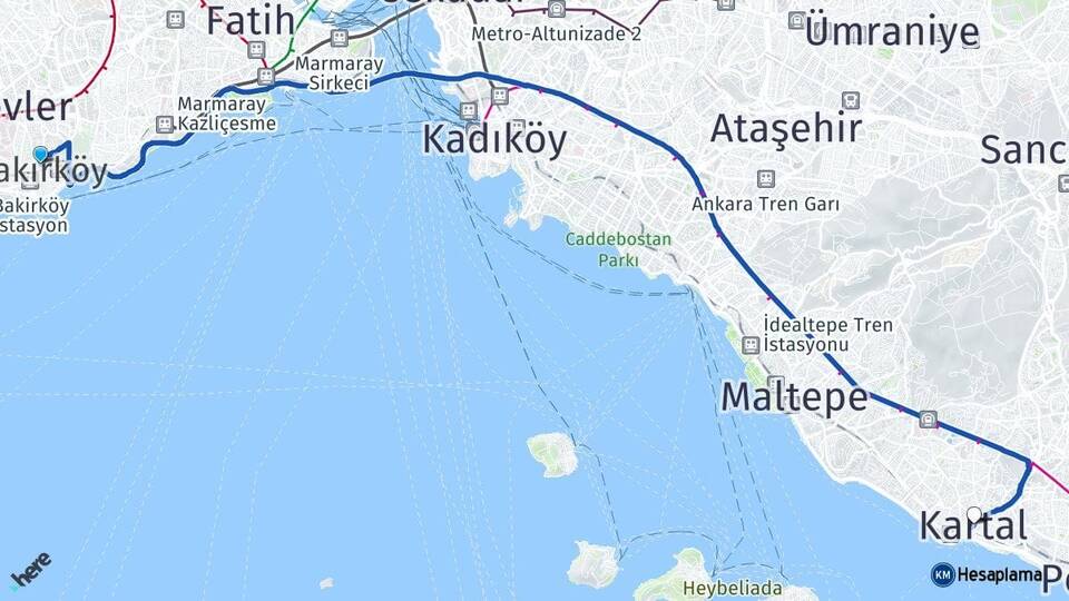 İstanbul Bakırköy Kartal Arası Kaç Km - Yol Haritası
