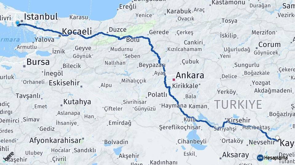 İstanbul Bakırköy Kayseri Arası Kaç Km - Yol Haritası