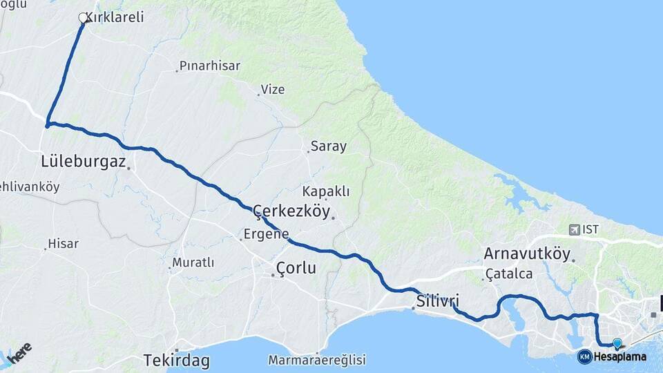 İstanbul Bakırköy Kırklareli Arası Kaç Km - Yol Haritası