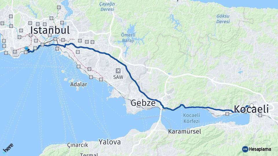 İstanbul Bakırköy Kocaeli Arası Kaç Km - Yol Haritası