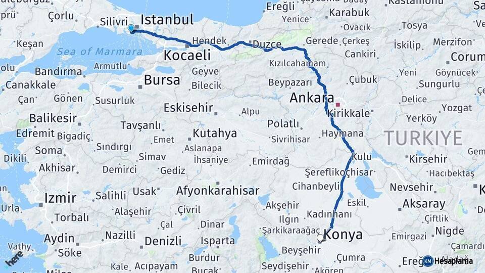 İstanbul Bakırköy Konya Arası Kaç Km - Yol Haritası