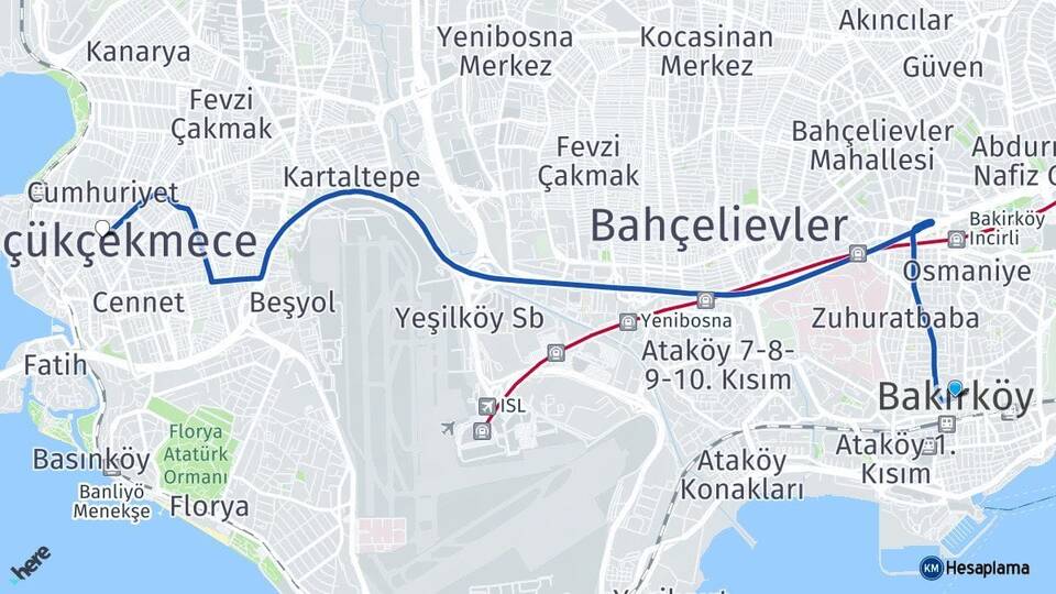 İstanbul Bakırköy Küçükçekmece Arası Kaç Km - Yol Haritası