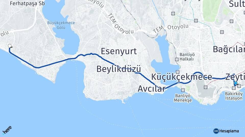 İstanbul Bakırköy Kumburgaz Büyükçekmece Arası Kaç Km - Yol Haritası