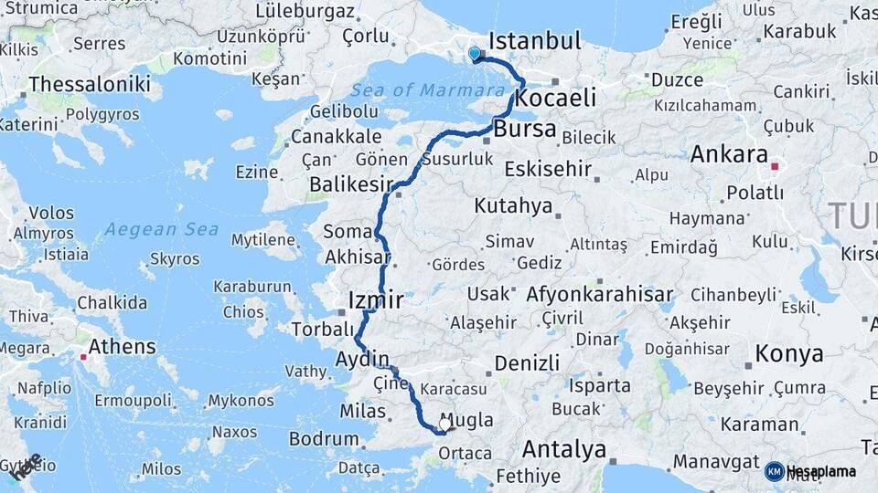 İstanbul Bakırköy Muğla Arası Kaç Km - Yol Haritası