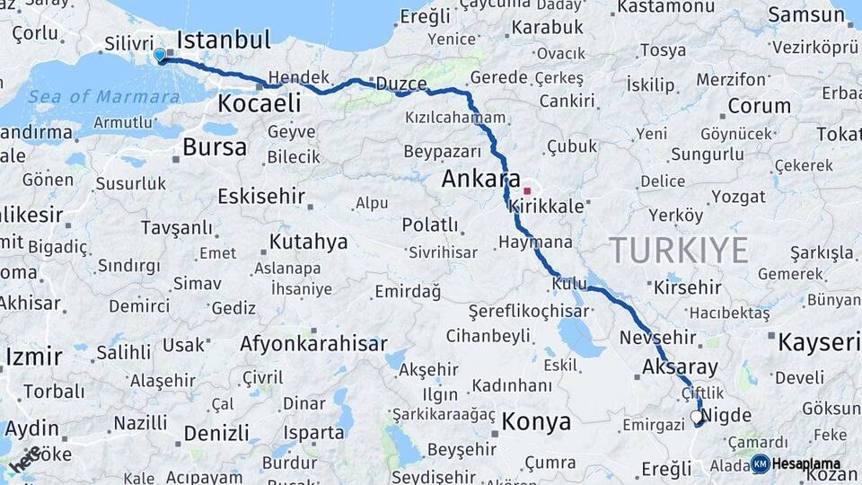 İstanbul Bakırköy Niğde Arası Kaç Km - Yol Haritası