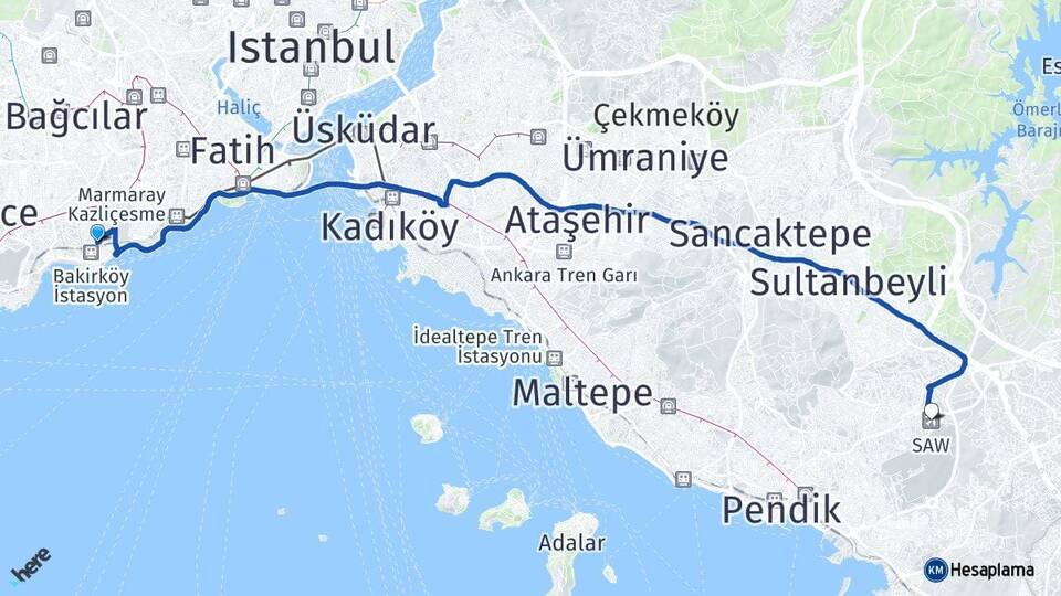 İstanbul Bakırköy Sabiha Gökçen Havalimanı Arası Kaç Km - Yol Haritası
