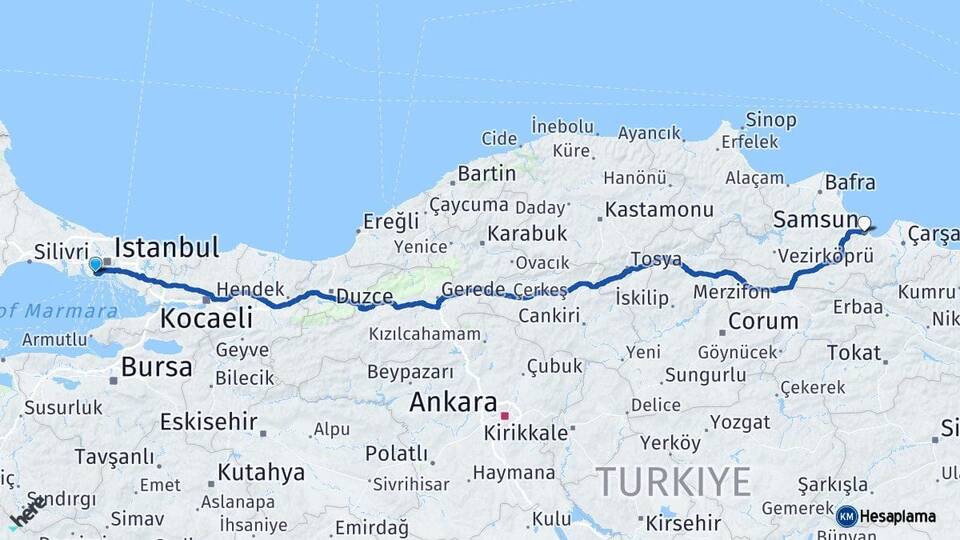 İstanbul Bakırköy Samsun Arası Kaç Km - Yol Haritası
