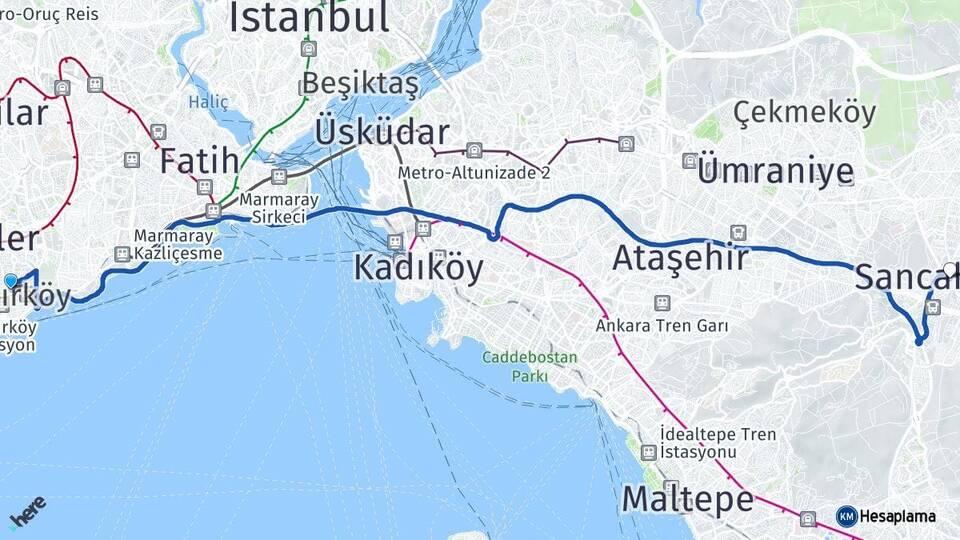 İstanbul Bakırköy Sancaktepe Arası Kaç Km - Yol Haritası
