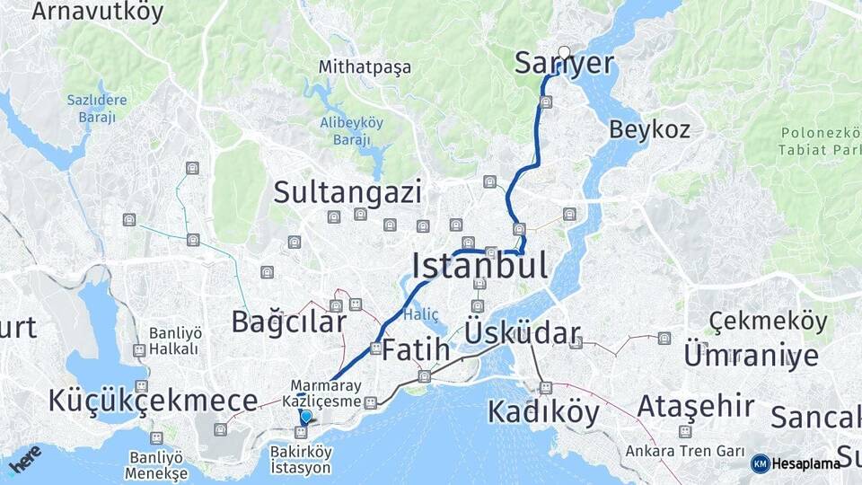 İstanbul Bakırköy Sarıyer Arası Kaç Km - Yol Haritası