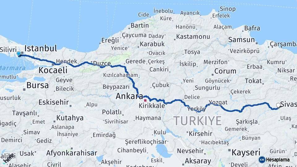 İstanbul Bakırköy Sivas Arası Kaç Km - Yol Haritası