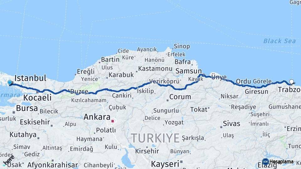 İstanbul Bakırköy Trabzon Arası Kaç Km - Yol Haritası