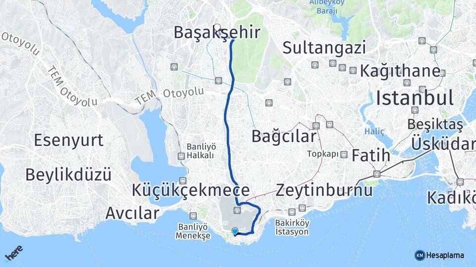 İstanbul Bakırköy Yeşilköy Başakşehir Arası Kaç Km - Yol Haritası