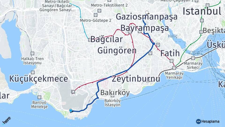 İstanbul Bakırköy Yeşilköy Gaziosmanpaşa Arası Kaç Km - Yol Haritası