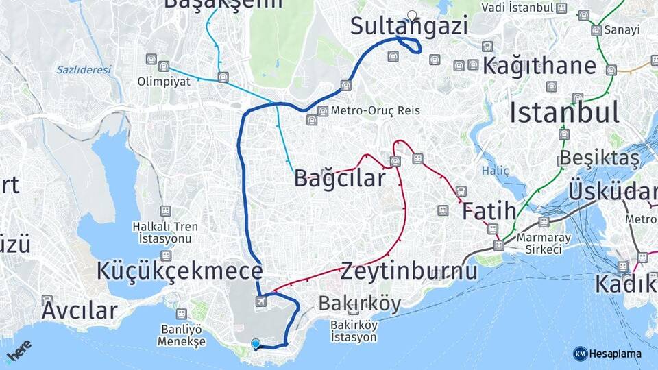 İstanbul Bakırköy Yeşilköy Sultangazi Arası Kaç Km - Yol Haritası
