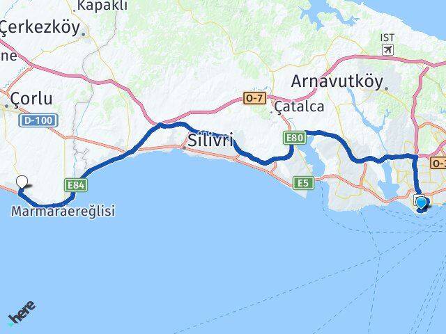 İstanbul Bakırköy Yeşilköy Yeniçiftlik Marmaraereğlisi Tekirdağ Arası Kaç Km - Yol Haritası