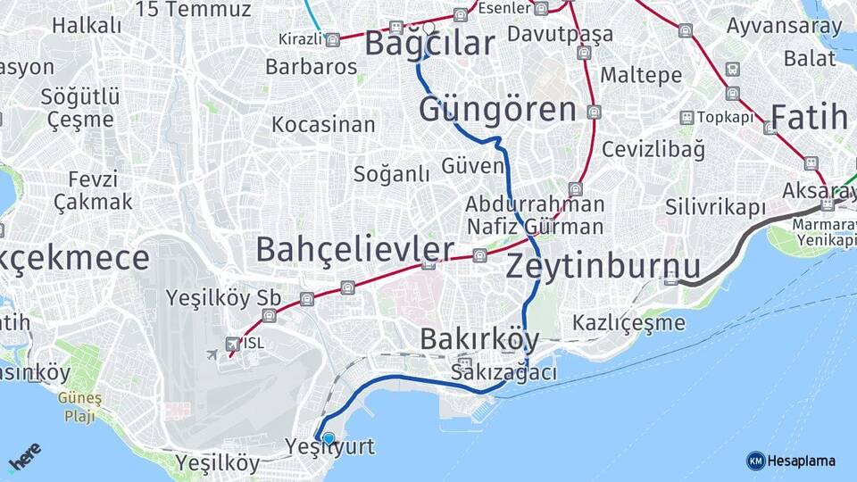 İstanbul Bakırköy Yeşilyurt Bağcılar Arası Kaç Km - Yol Haritası