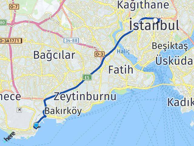 İstanbul Bakırköy Yeşilyurt Şişli Arası Kaç Km - Yol Haritası