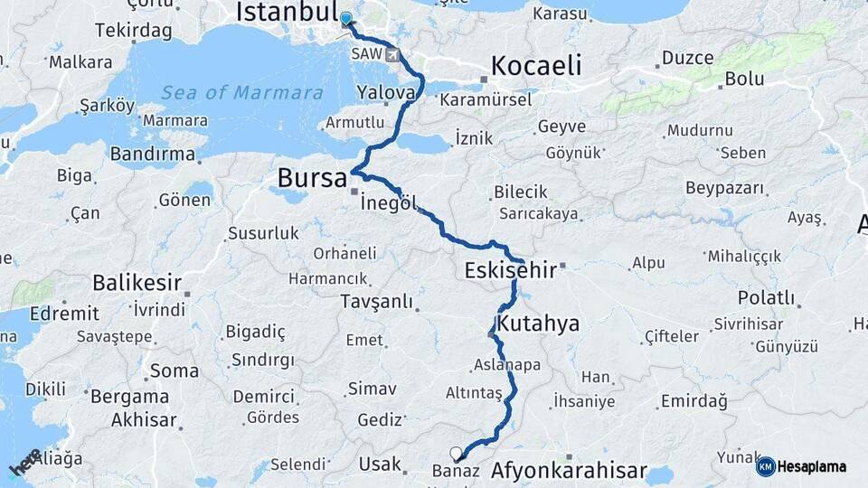 İstanbul Banaz Uşak Arası Kaç Km - Yol Haritası