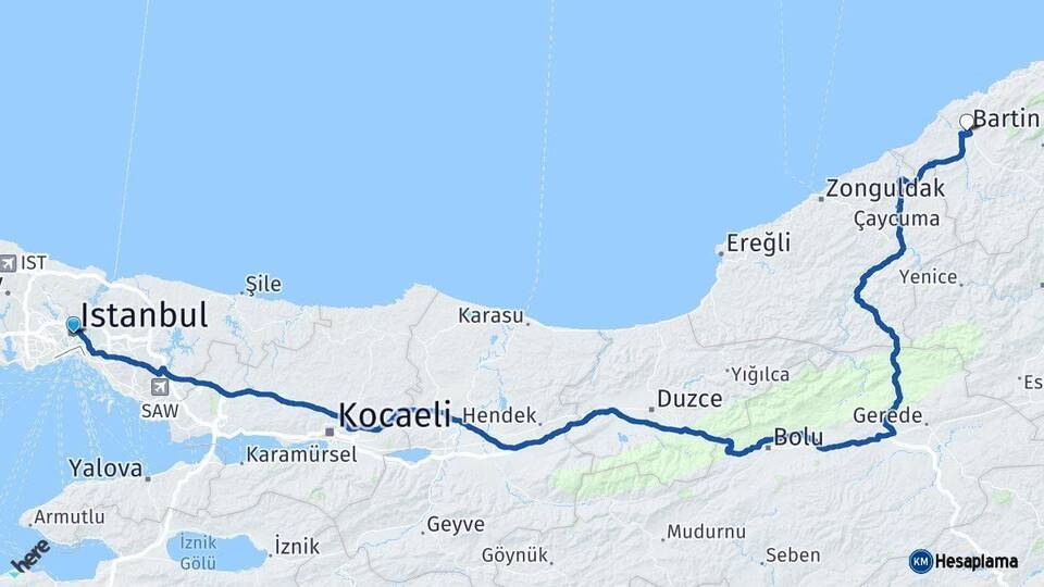 İstanbul Bartın Arası Kaç Km - Yol Haritası