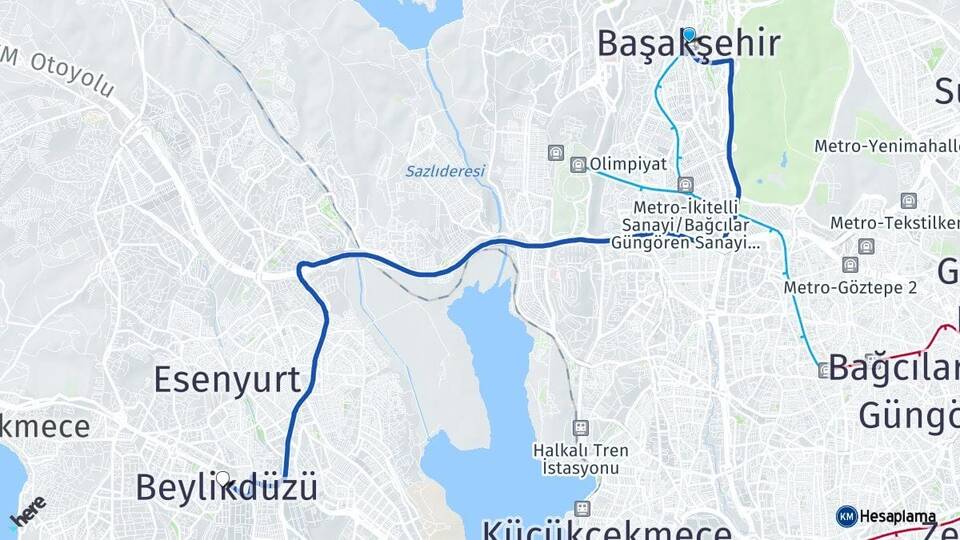 İstanbul Başakşehir Beylikdüzü Arası Kaç Km - Yol Haritası
