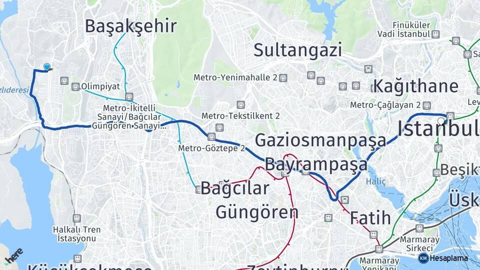 İstanbul Başakşehir Güvercintepe Şişli Arası Kaç Km - Yol Haritası