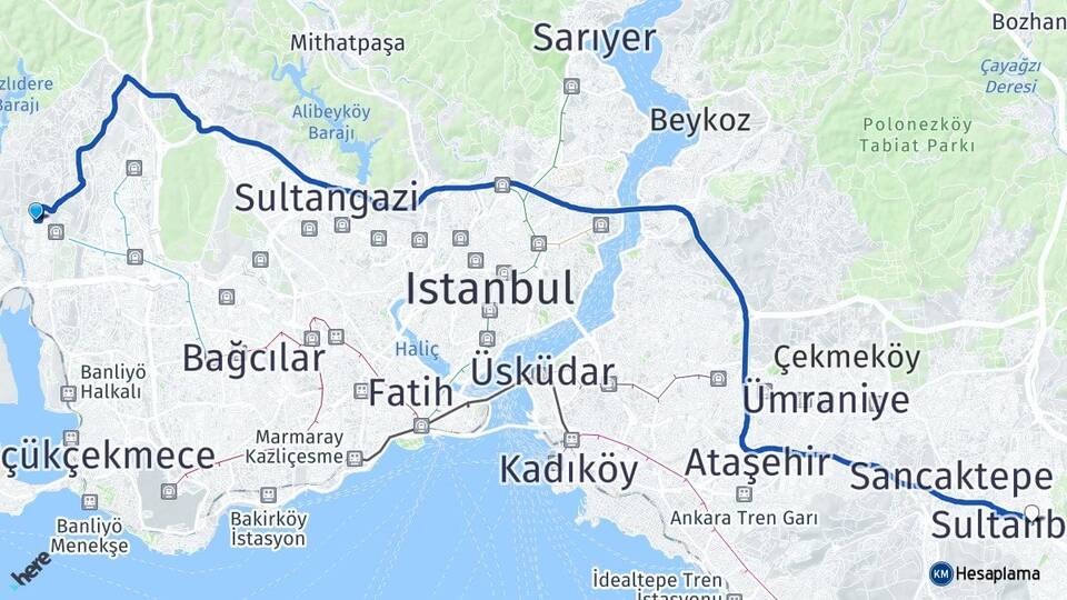İstanbul Başakşehir Güvercintepe Sultanbeyli Arası Kaç Km - Yol Haritası