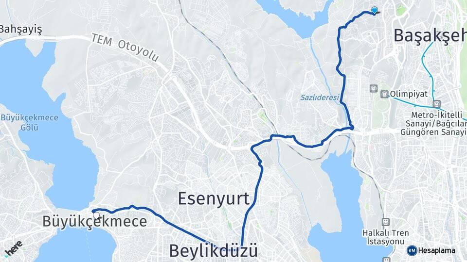İstanbul Başakşehir Kayabaşı Büyükçekmece Arası Kaç Km - Yol Haritası