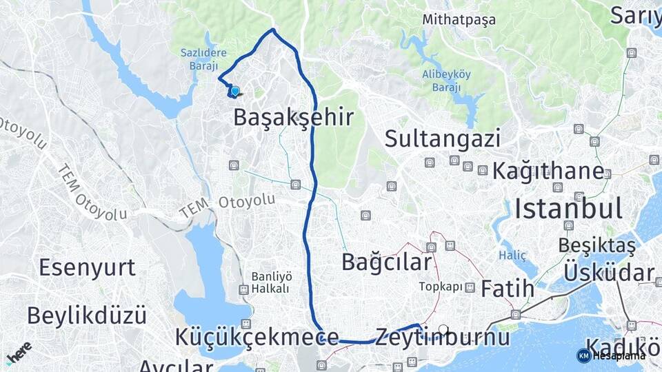 İstanbul Başakşehir Kayabaşı Zeytinburnu Arası Kaç Km - Yol Haritası