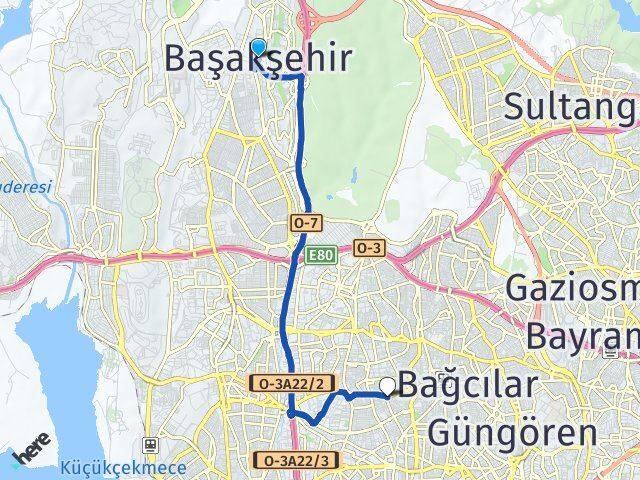 İstanbul Başakşehir Kirazlı Bağcılar Arası Kaç Km - Yol Haritası