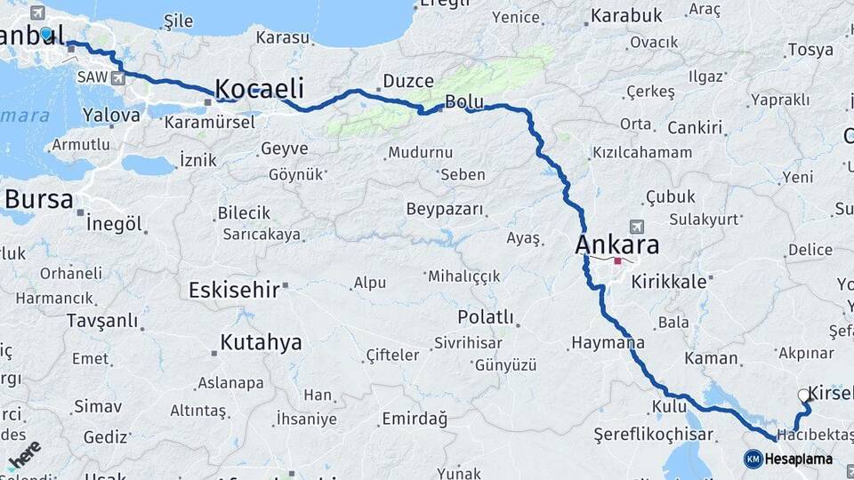 İstanbul Başakşehir Kırşehir Arası Kaç Km - Yol Haritası