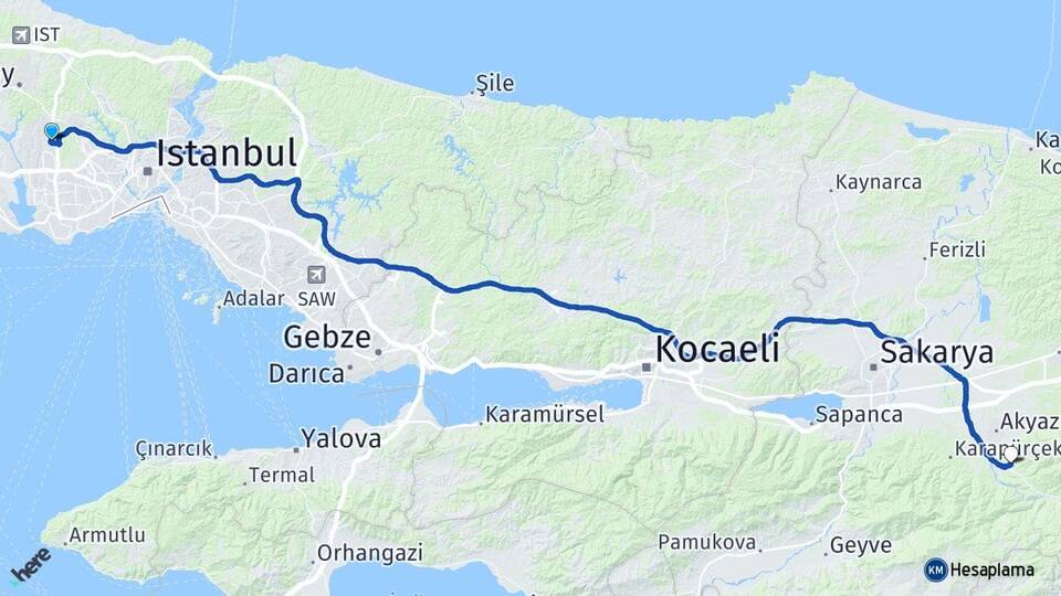 İstanbul Başakşehir Kuzuluk Ortamahalle Akyazı Sakarya Arası Kaç Km - Yol Haritası