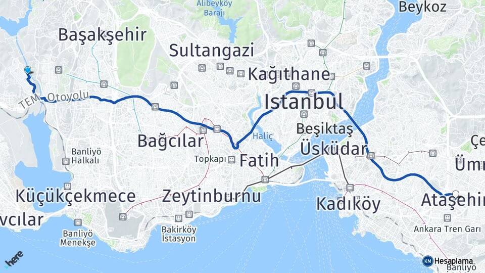 İstanbul Başakşehir Şahintepe Ataşehir Arası Kaç Km - Yol Haritası