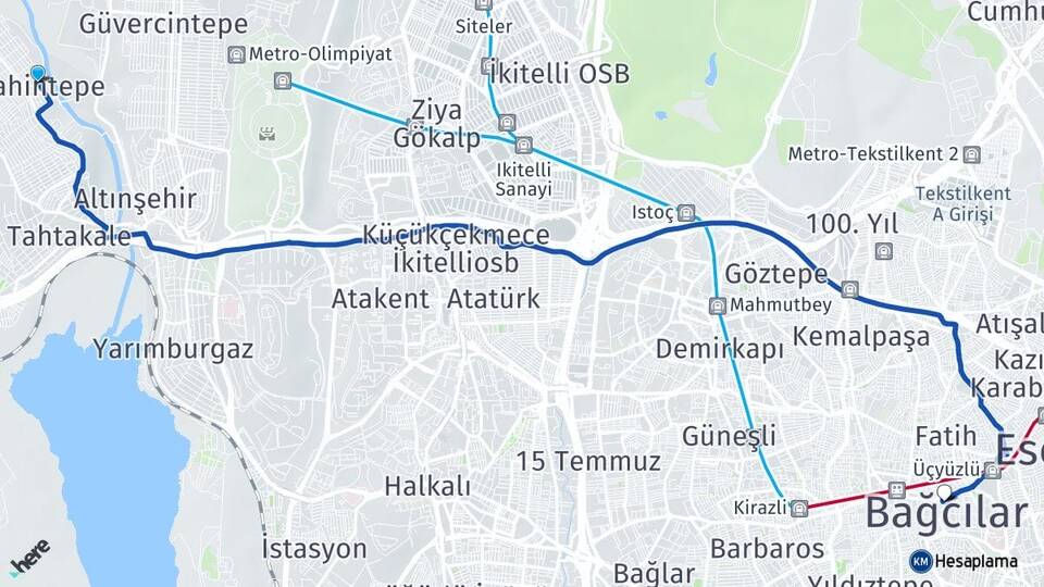 İstanbul Başakşehir Şahintepe Bağcılar Arası Kaç Km - Yol Haritası